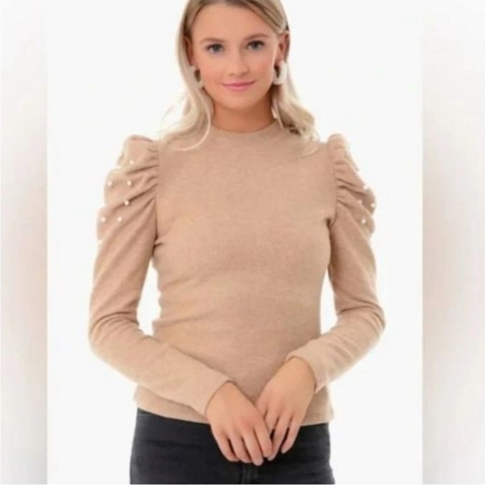 Pomander Place Women's Puff Sleeve Crewneck Sweater in Beige with Pearl Detail